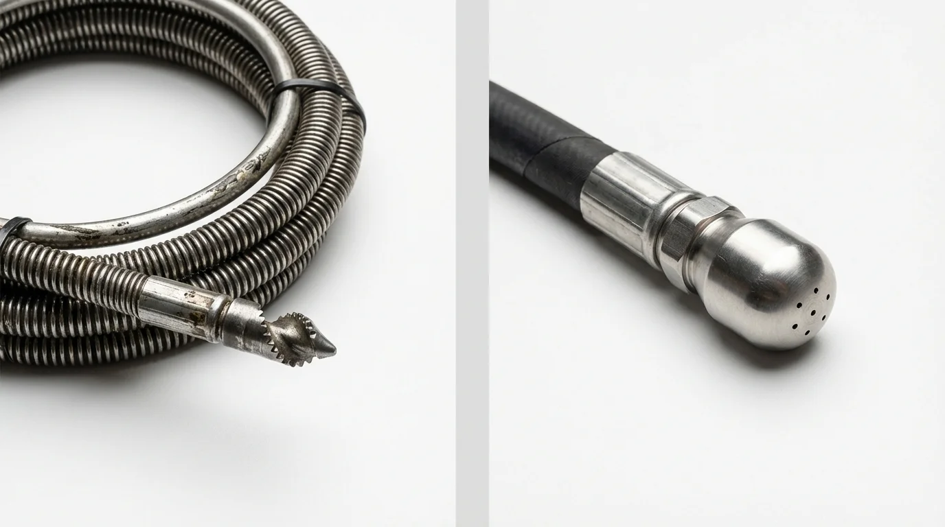 Drain snake cable and hydro jetting nozzle used for drain cleaning in Ogden, IA