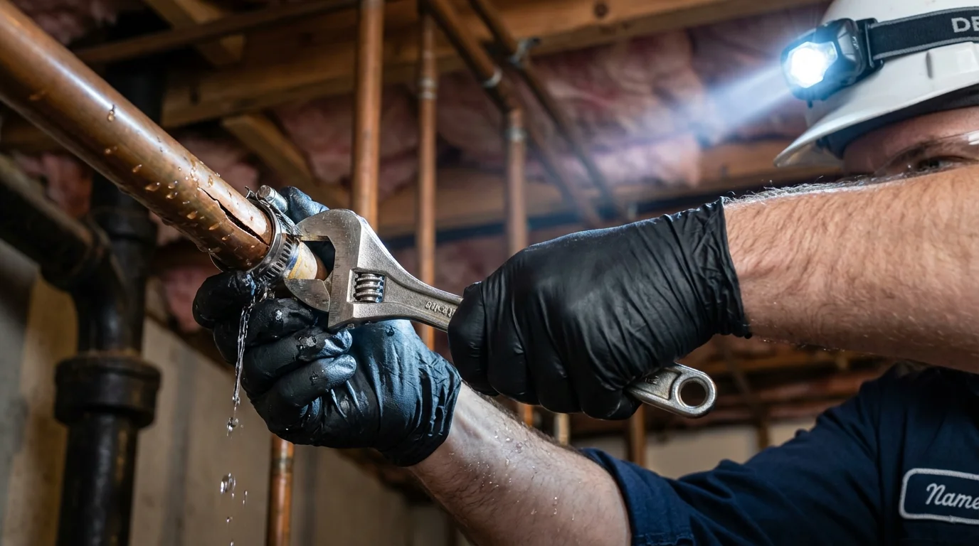 Emergency pipe clamp repair being performed by a Johns Plumbing LLC plumber in Ogden