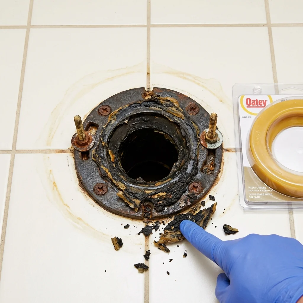 Failed wax ring showing water seepage at the base of a toilet in a Ogden, IA home