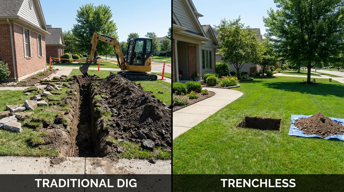 Trenchless sewer repair with minimal yard damage versus traditional excavation in Ogden, IA