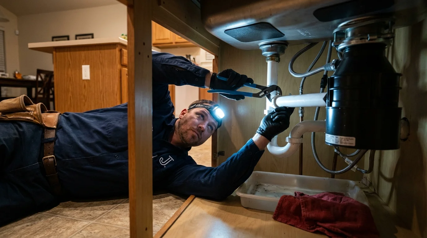 P-trap and supply line connections under a kitchen sink showing a common leak point in Ogden, IA